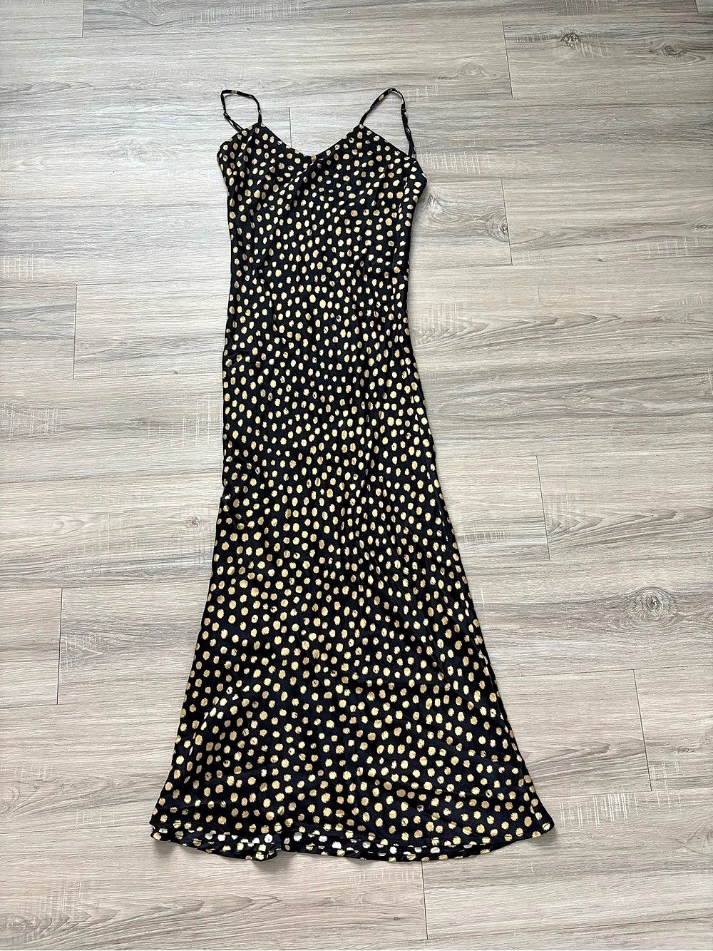 RESA Polka Dot Satin Maxi Dress in Black & Gold